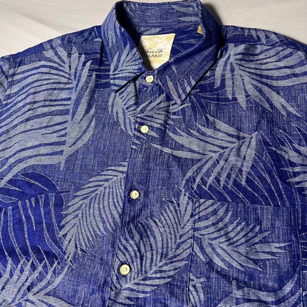 Tasso Elba Island Mens XXL Blue Silk Linen Tropical Palm Leaf Button Up Shirt